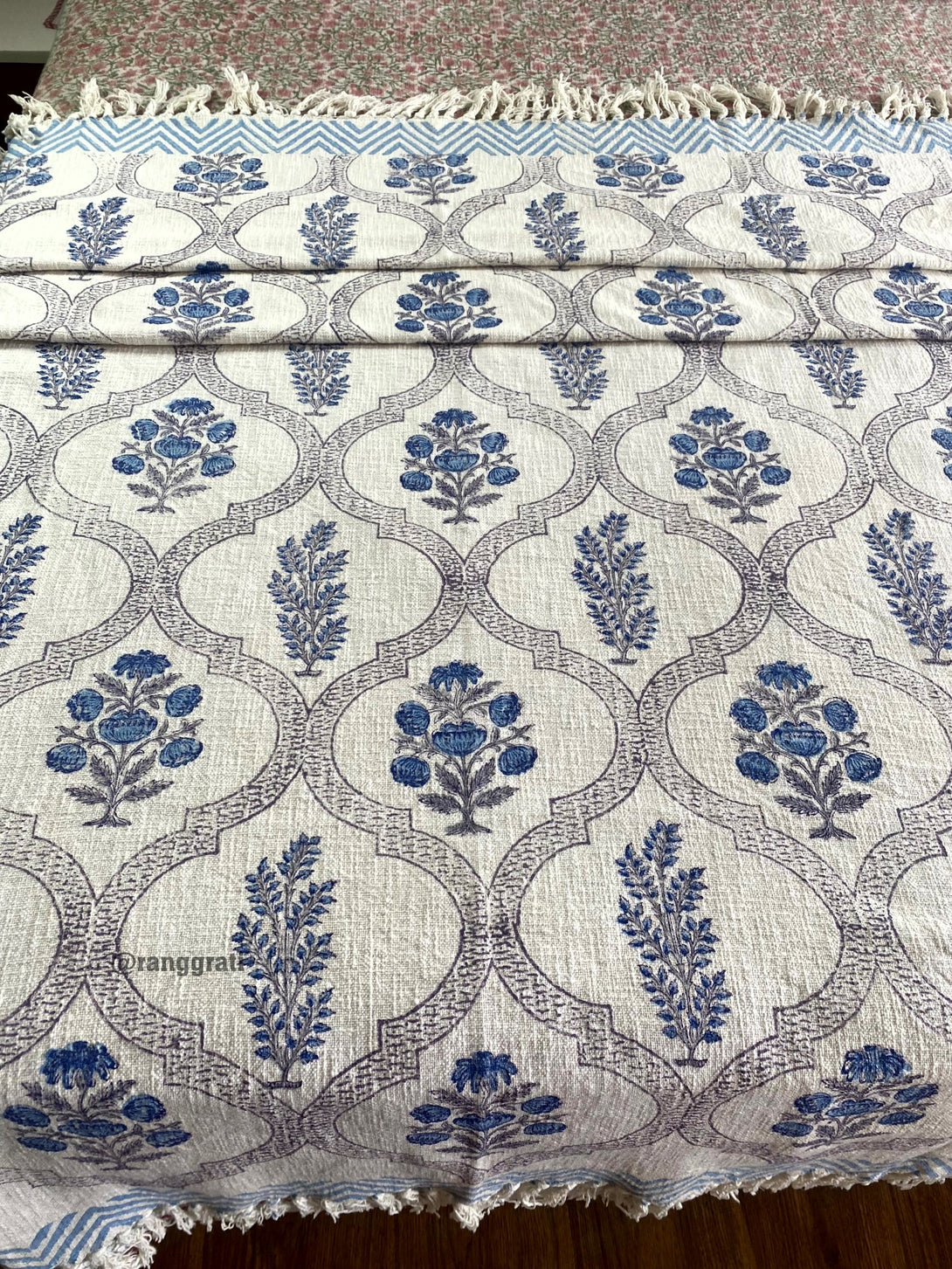 Blue Floral Hand-Blocked Jute Cotton Sofa Throw
