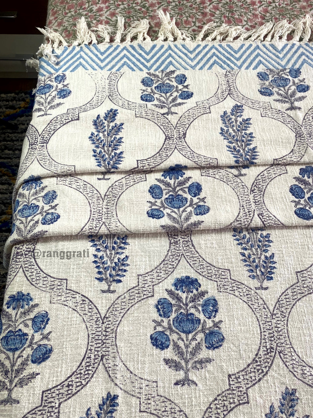 Blue Floral Jute Cotton Sofa Throw with Hand-Blocked Design