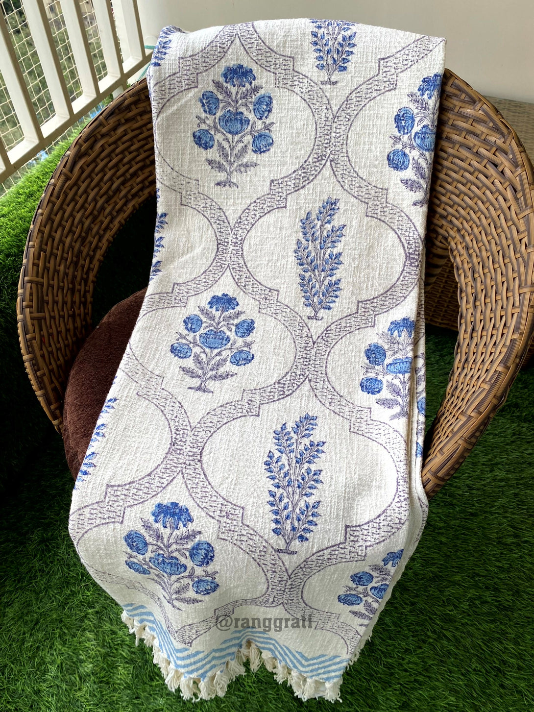 Hand-Blocked Blue Floral Jute Cotton Sofa Throw