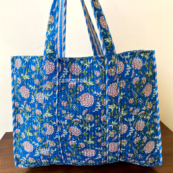 Blue Floral Tote Bag Quilted Hand Block Printed Cotton Without Zip - Tote Bag