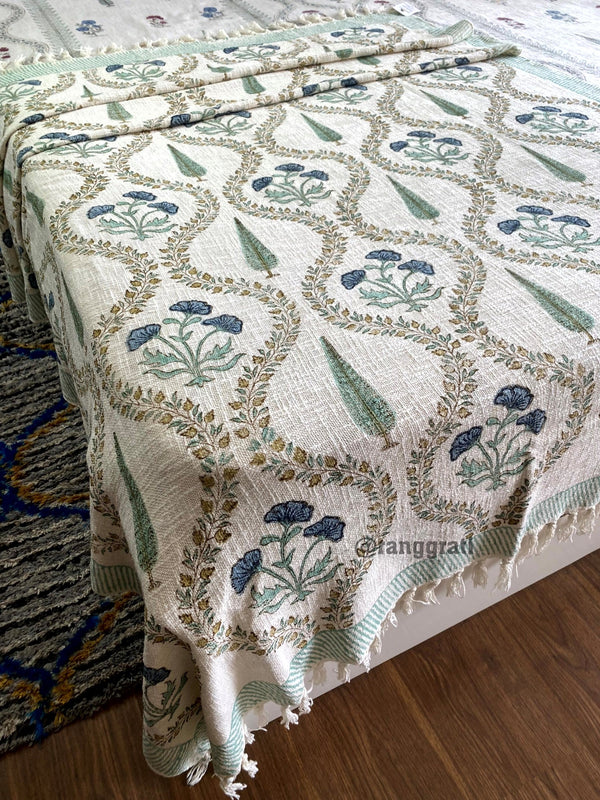 Blue Floral With Green Border Hand Block Jute Cotton Sofa Throw - Bedcover