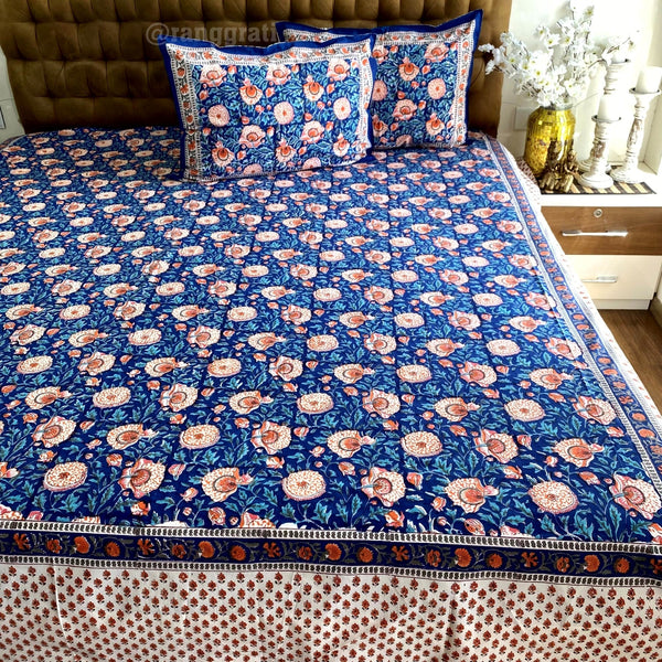 Blue Garden Floral King Size 250 TC Bedsheet Hand Block - Bedsheet
