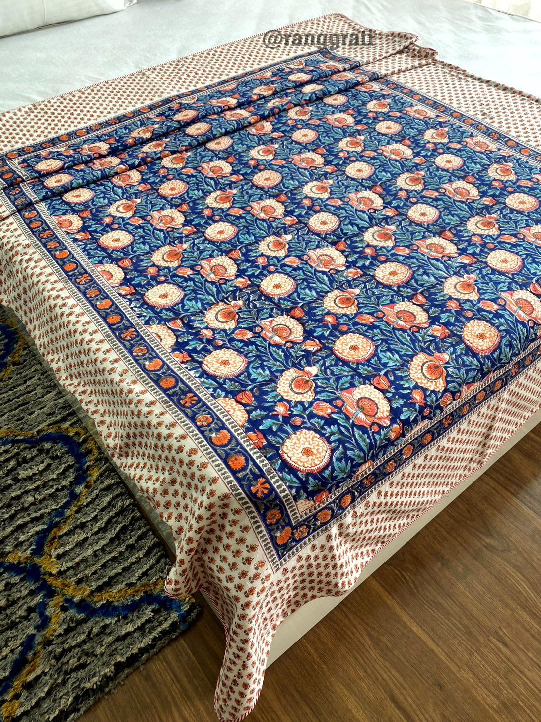 Blue Garden Dohar For Single Bed In Mulmul Cotton Reversible