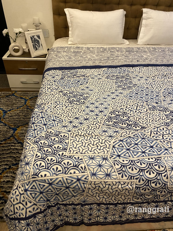 Blue Geometric Double King Razai / Quilt Cotton Hand Block Jaipuri