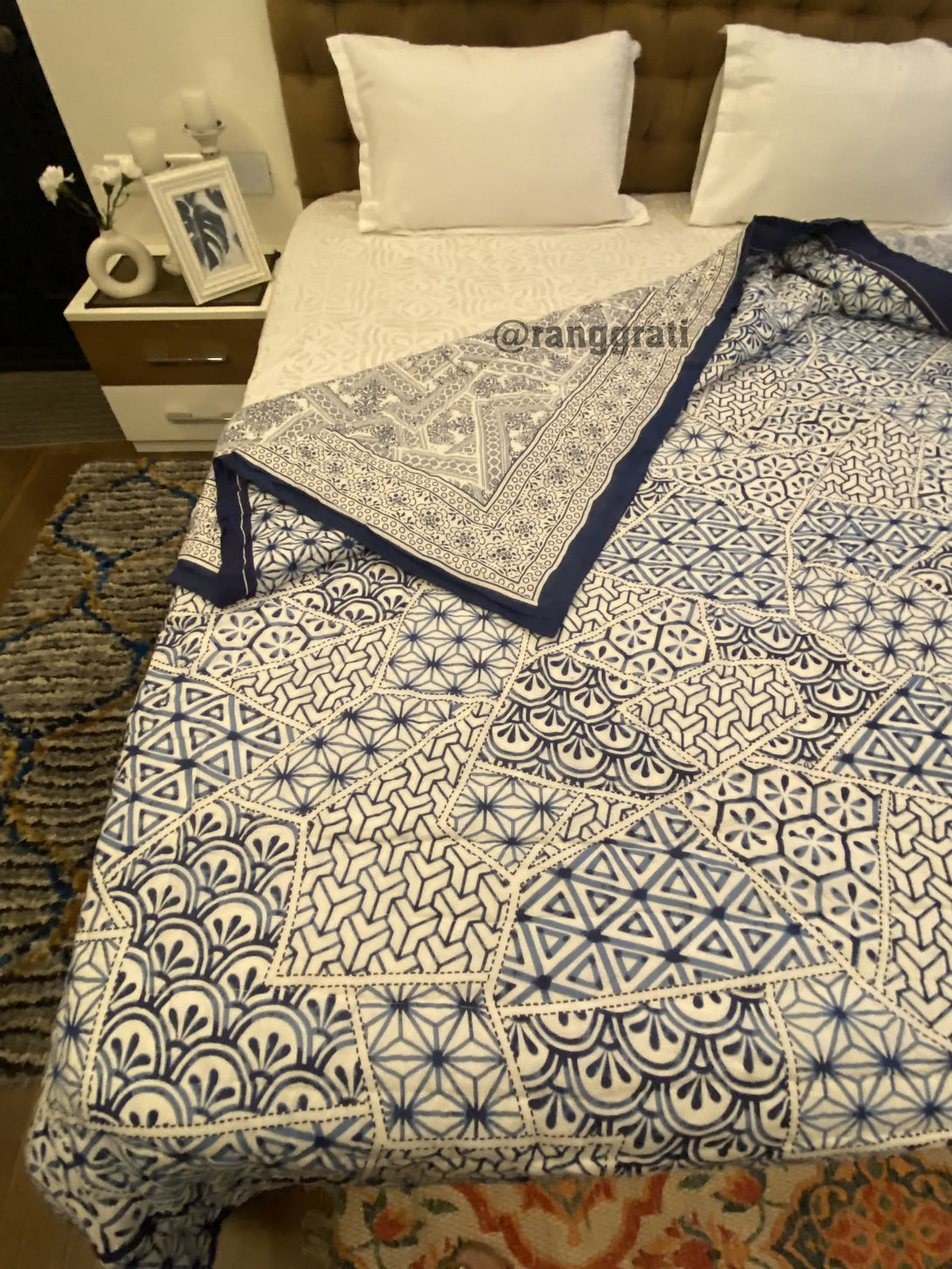 Blue Geometric Double King Razai / Quilt Cotton Hand Block Jaipuri Reversible