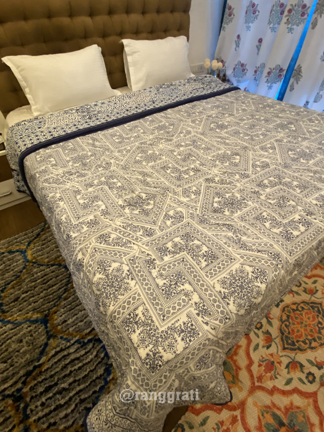 King Size Blue Geometric Double Razai / Quilt Cotton Hand Block Jaipuri Reversible