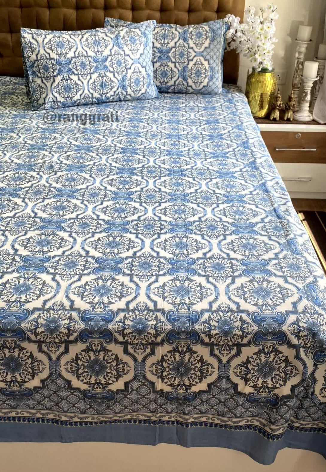 Blue Geometric Jaipuri Cotton Bedsheet King Size For Double Bed - Bedsheet