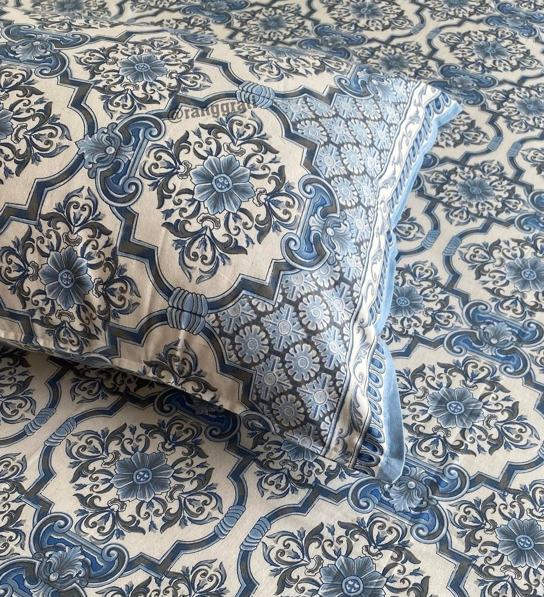 Blue Geometric Jaipuri Cotton Bedsheet King Size For Double Bed - Bedsheet