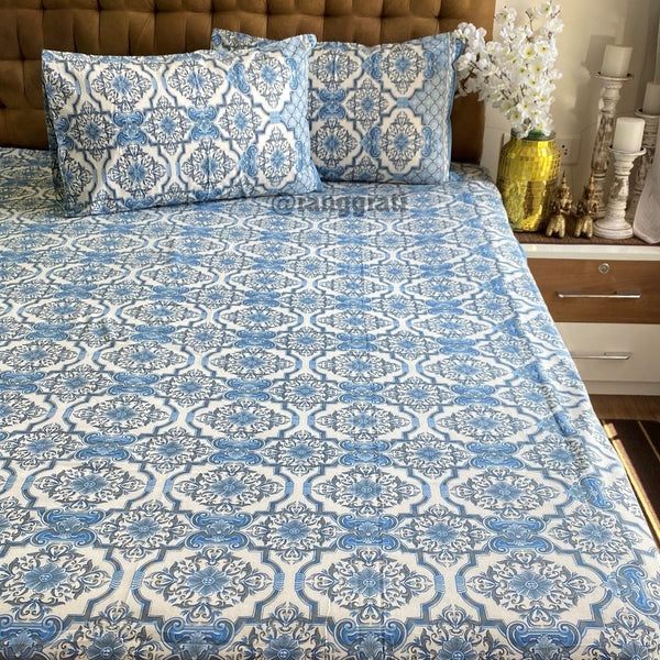 Blue Geometric Jaipuri Cotton Bedsheet King Size For Double Bed - Bedsheet