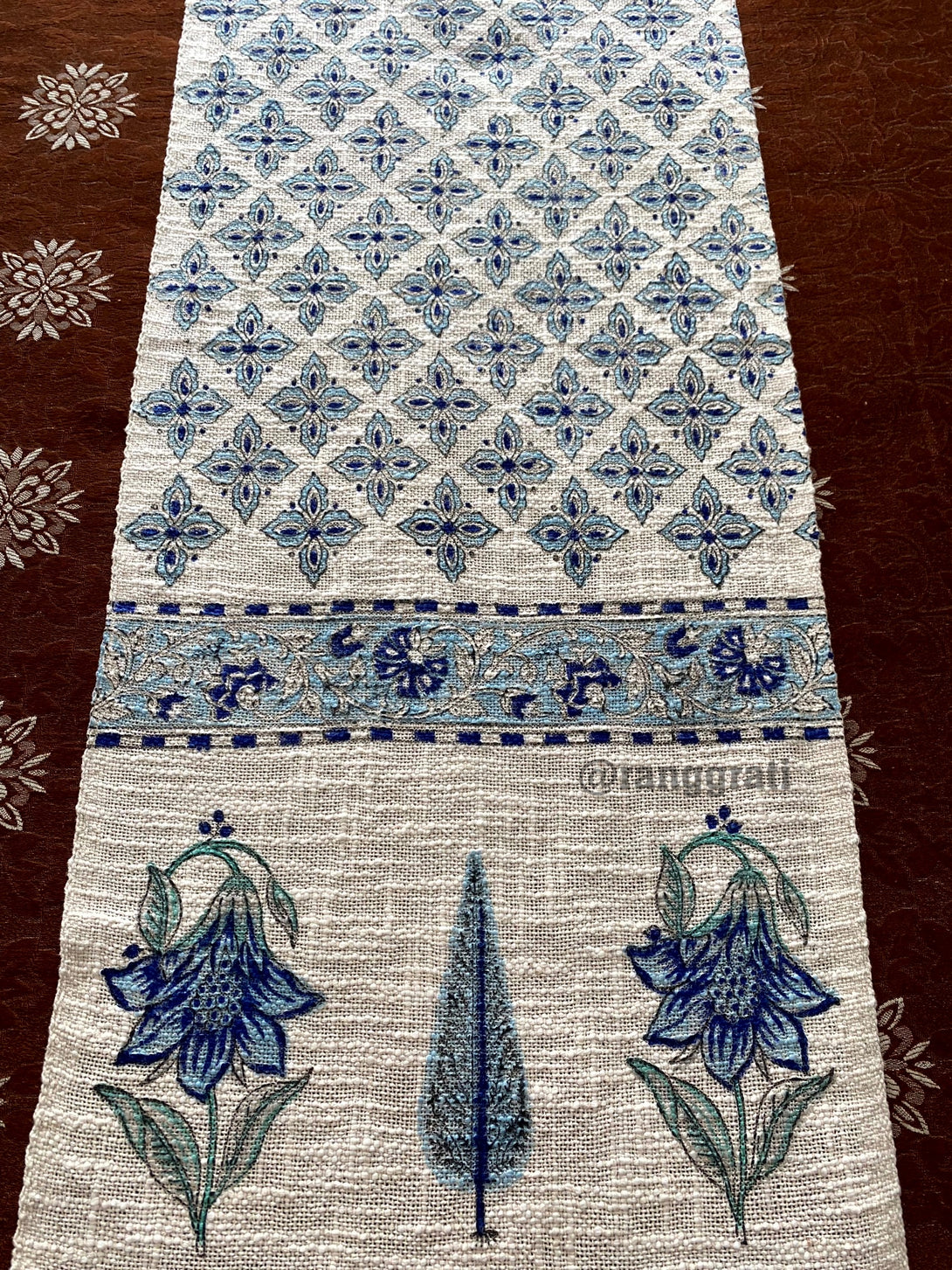 Blue Geometric Jute Cotton Table Runner For 6 Seater