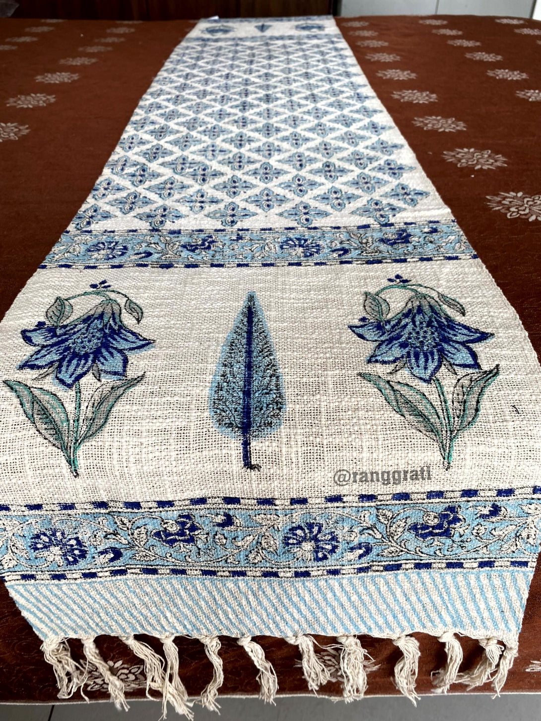 Blue Geometric Jute Cotton Table Runner Hand Block Print For 6 Seater Dining Table