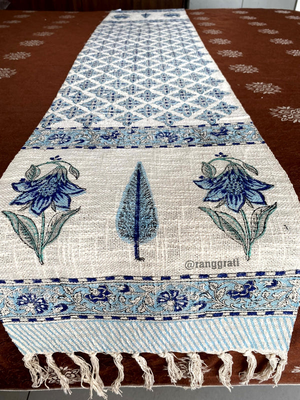 Blue Geometric Jute Cotton Table Runner Hand Block Print For 6 Seater Dining Table