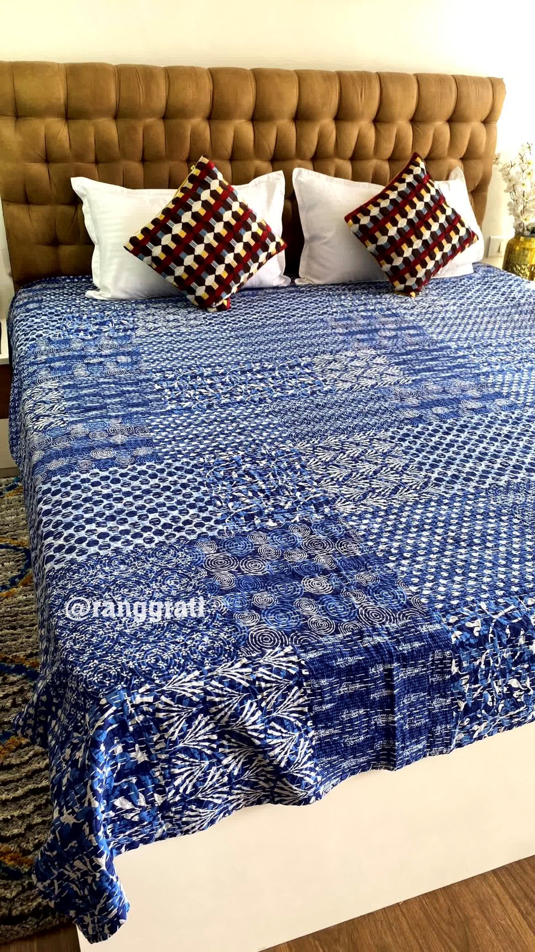 Blue Geometric Kantha Bedcover For Double Bed King Size - Bedcover