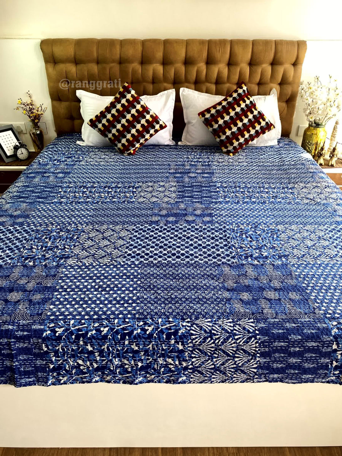 Blue Geometric Kantha Bedcover For Double Bed King Size - Bedcover