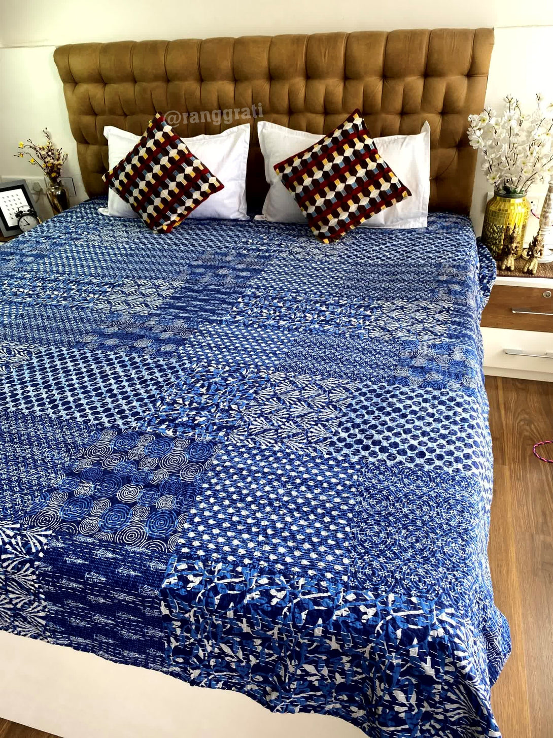Blue Geometric Kantha Bedcover For Double Bed King Size - Bedcover