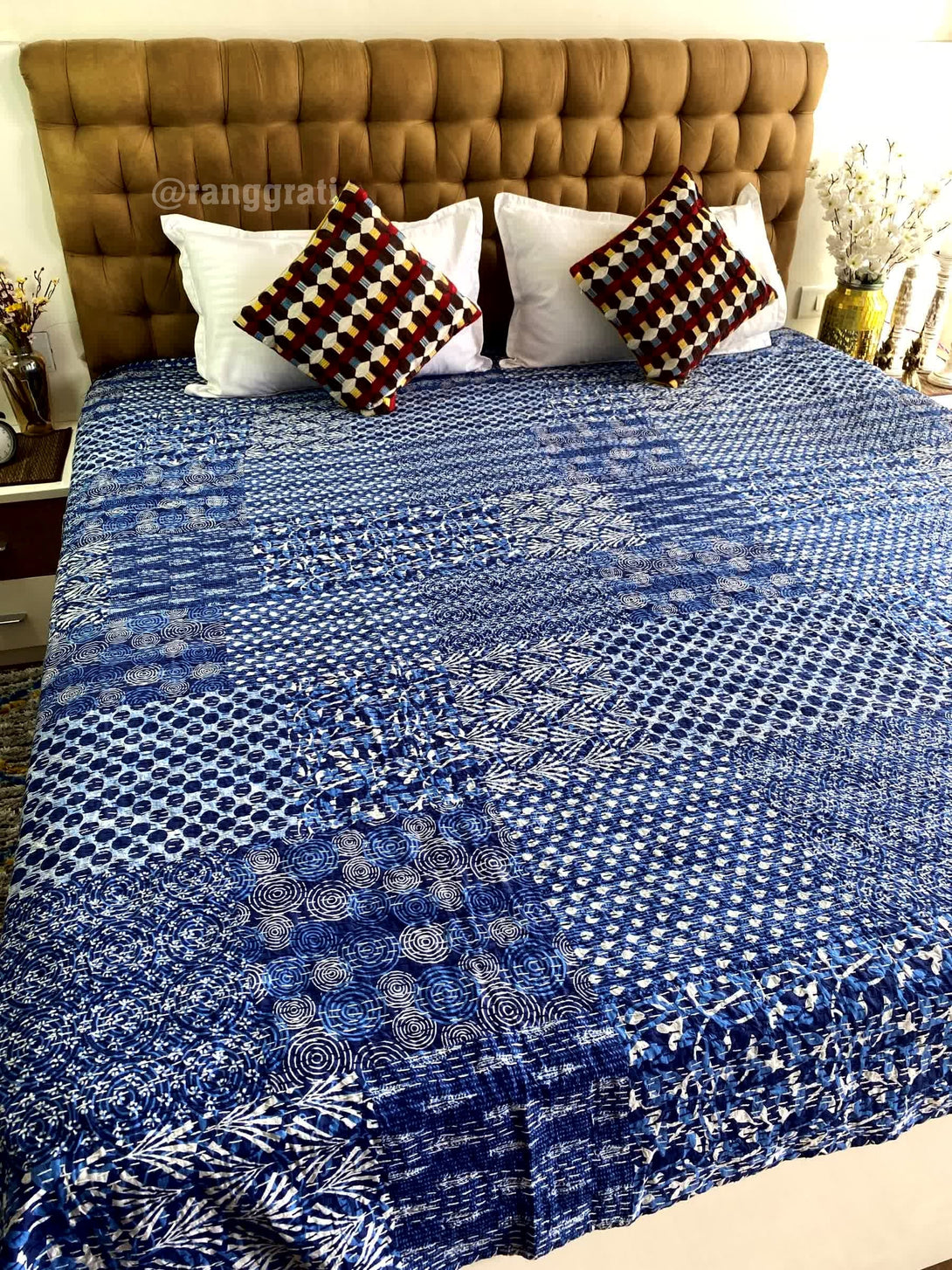 Blue Geometric Kantha Bedcover For Double Bed King Size - Bedcover