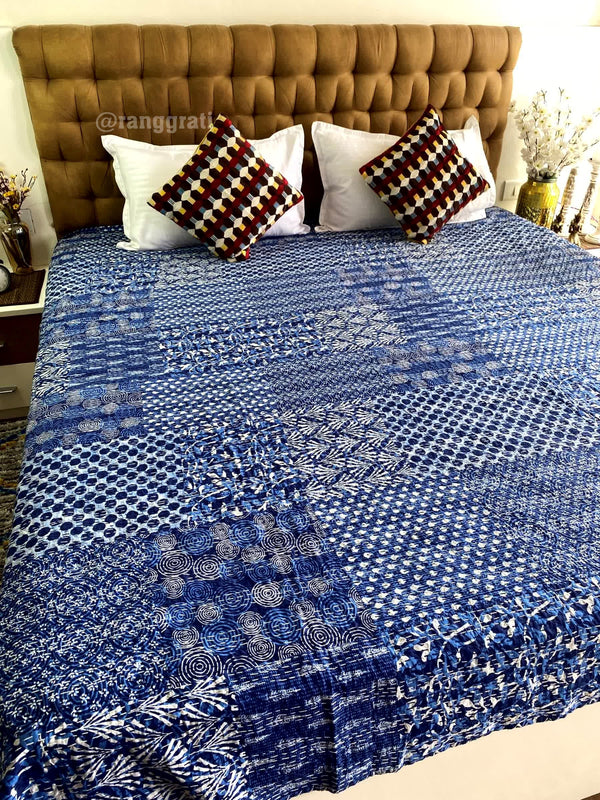 Blue Geometric Kantha Bedcover For Double Bed King Size - Bedcover