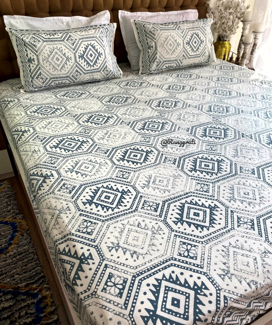 Blue Geometrical Cotton Elastic Fitted Bedsheet King Size