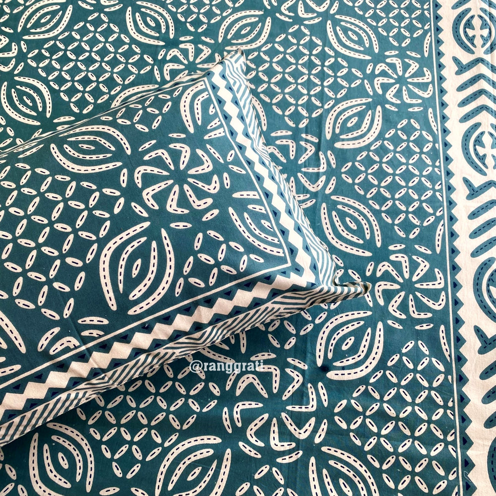 Queen Size Blue Geometric Jaipuri Cotton Bedsheet 