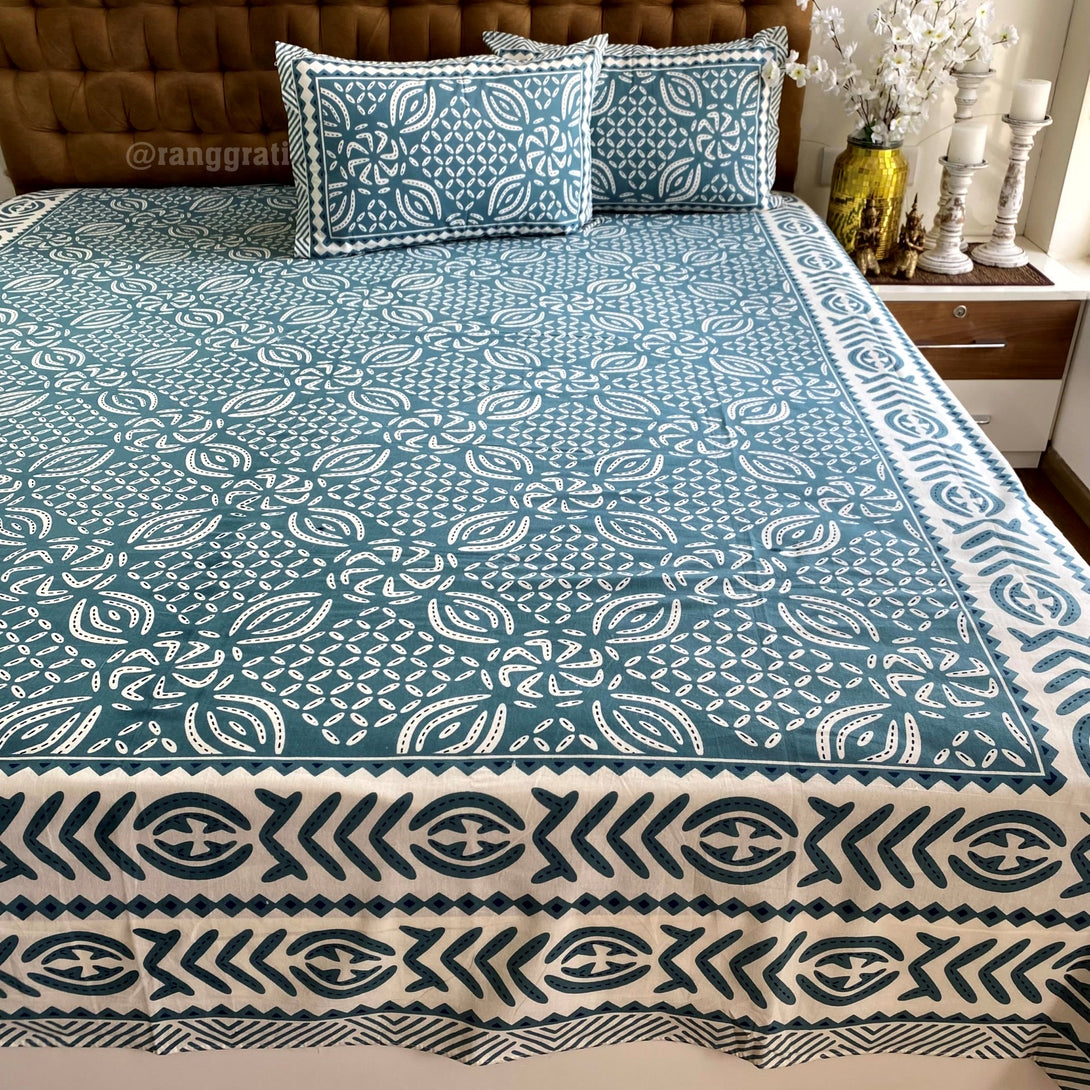 Blue Geometric Jaipuri Bedsheet Queen Size Cotton