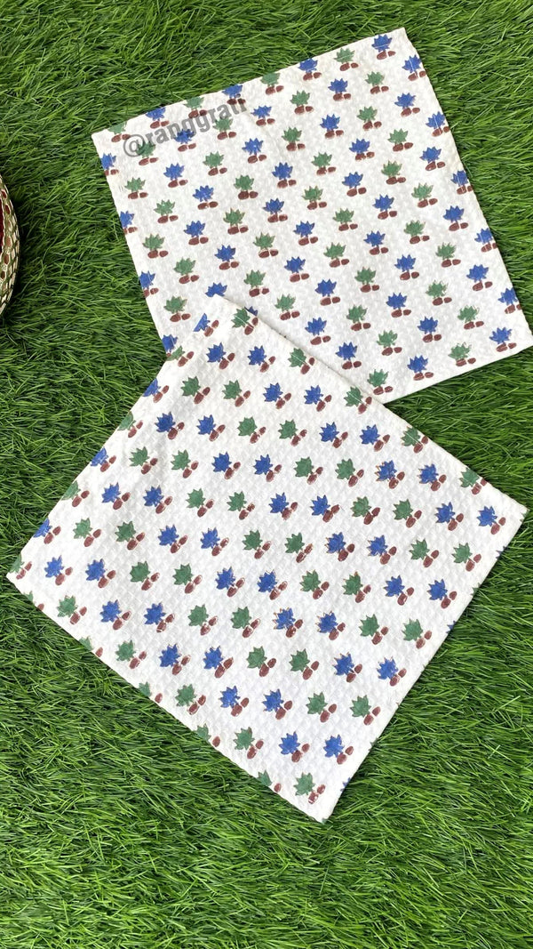 Blue Green Face Towel Floral Hand Block Printed Pure Cotton - Face Towel