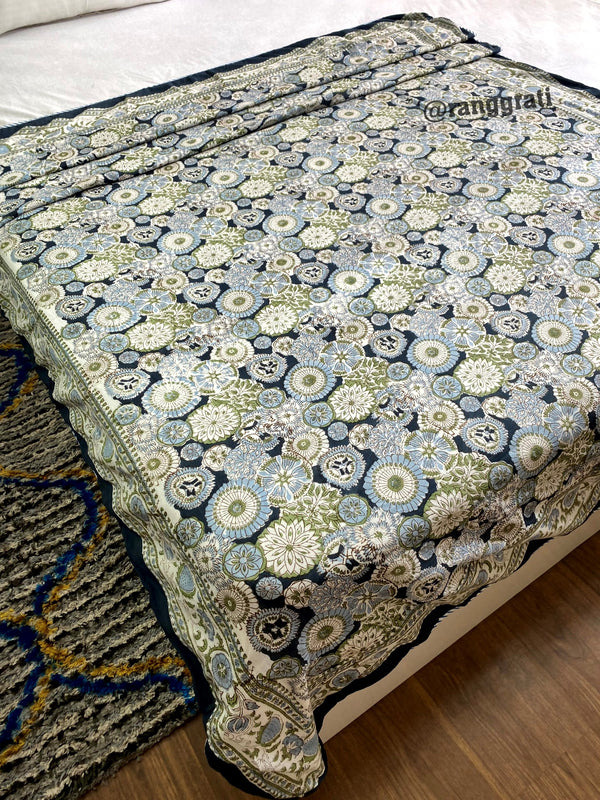 Blue Green Floral Dohar For Single Bed In Mulmul Cotton Reversible