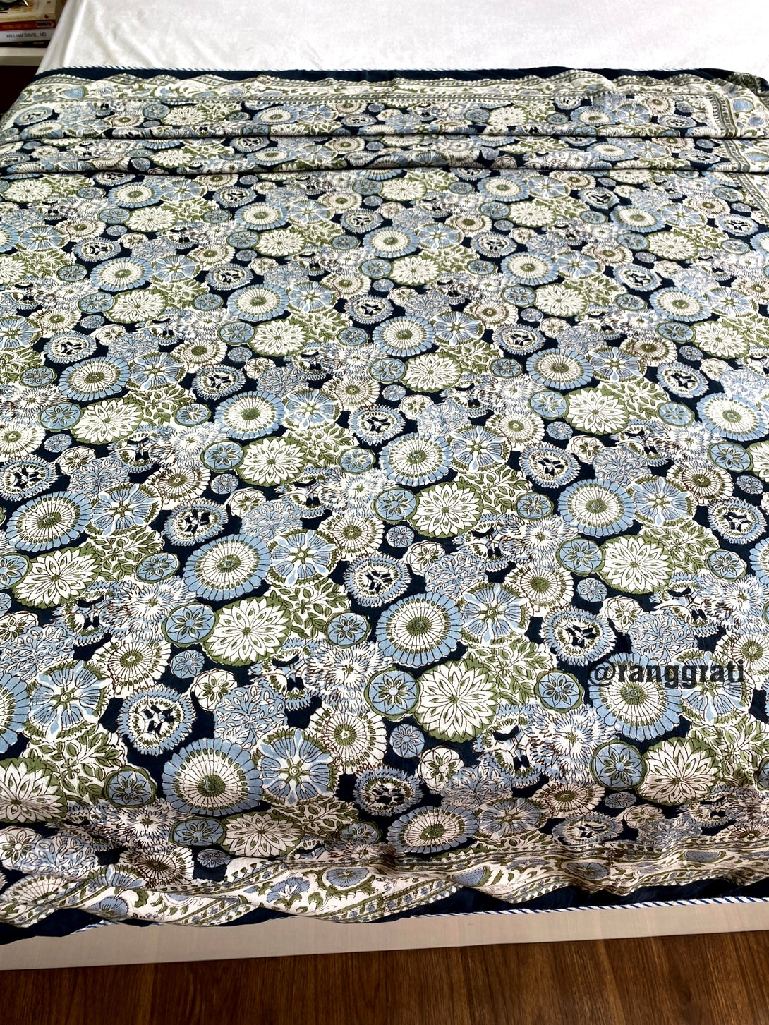 Pure Cotton Blue Green Floral Dohar For Single Bed Reversible