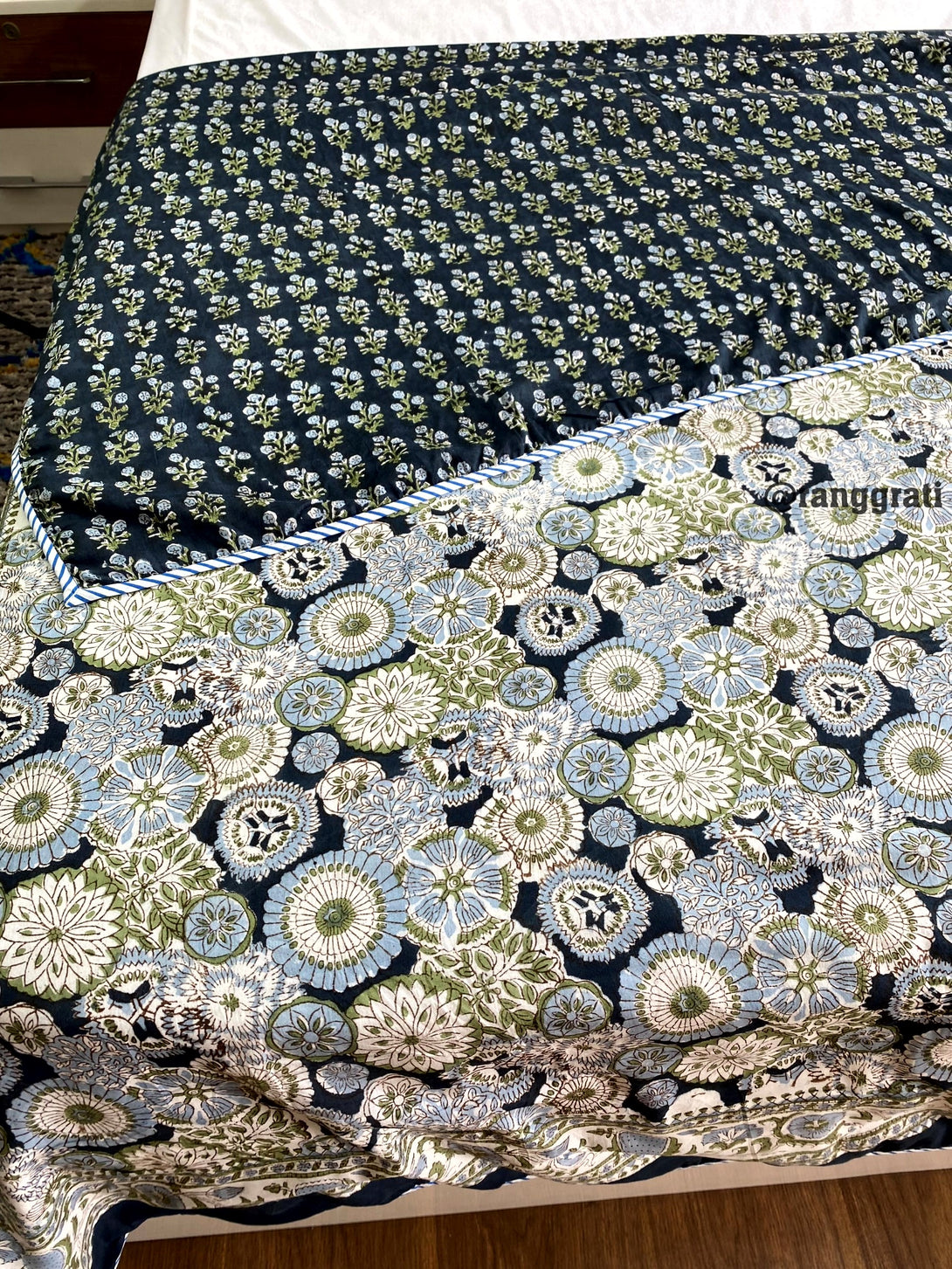 Blue Green Floral Dohar For Single Bed Reversible In Mulmul Cotton