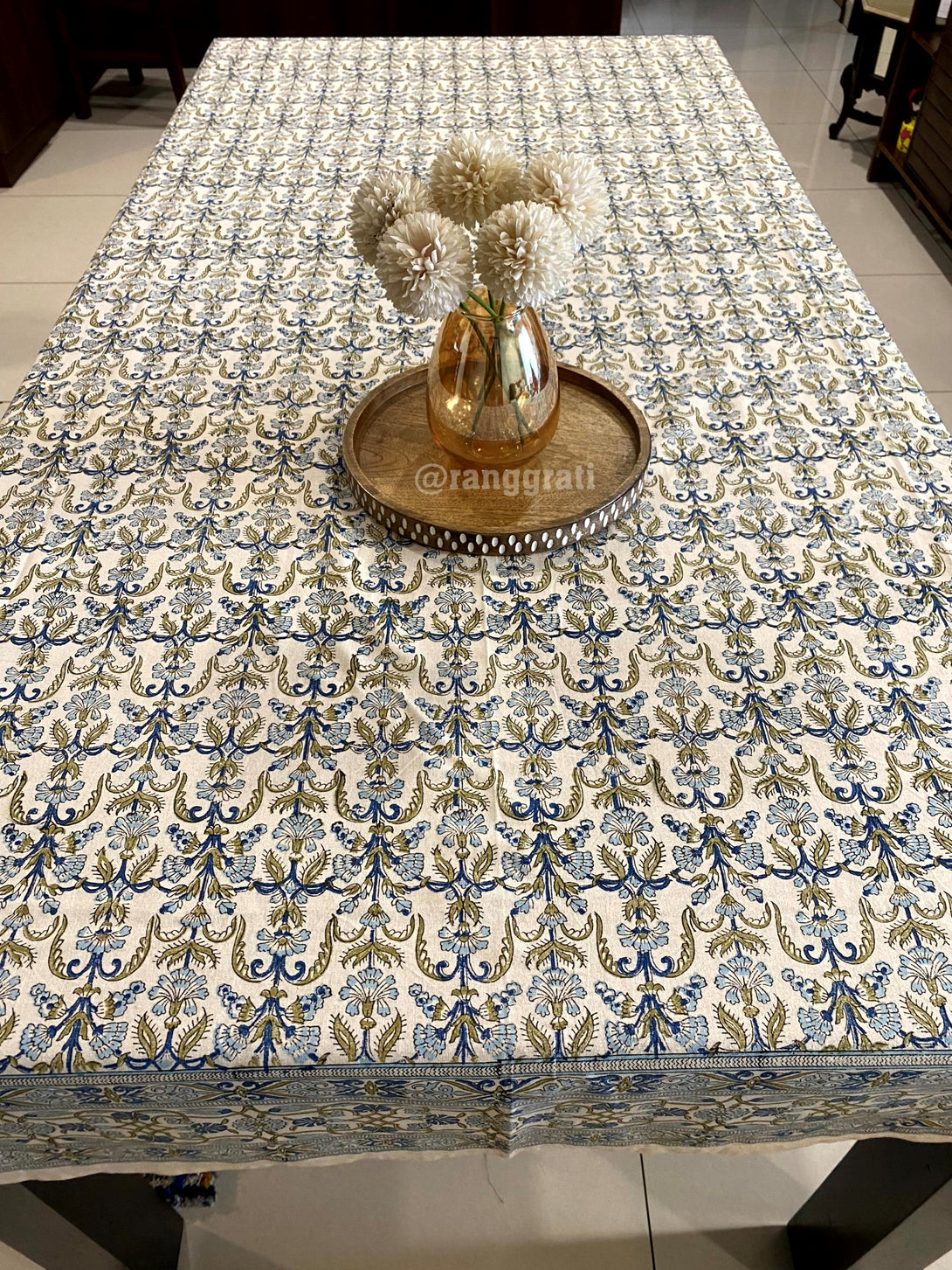 Blue and Green Floral Table Cover Cloth 6 Seater Dining Table 