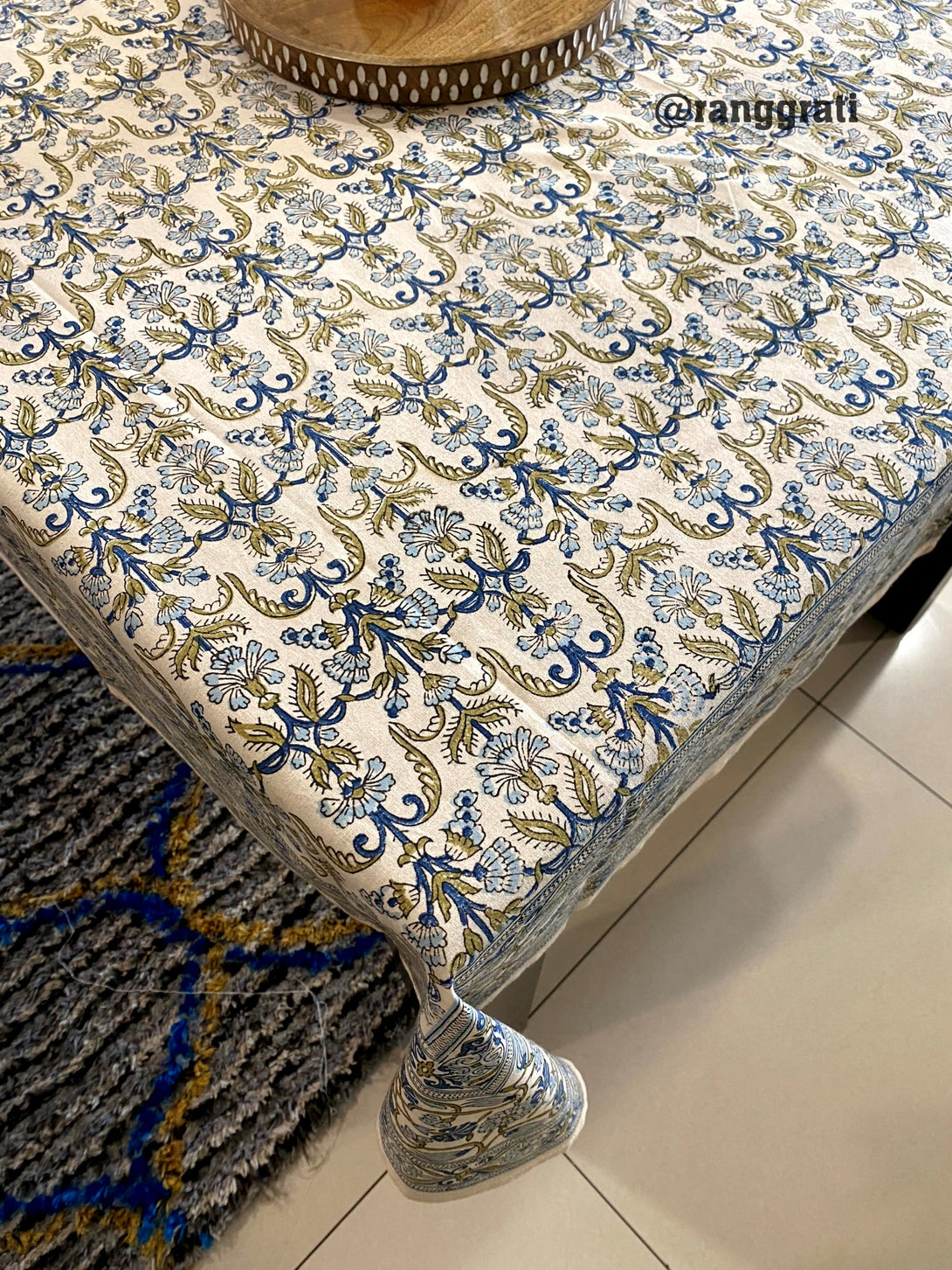 Blue and Green Floral Table Cover Cloth 6 Seater Dining Table Rectangular Cotton