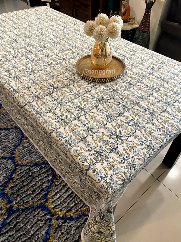 Blue and Green Floral Table Cover Cloth 6 Seater Dining Table Rectangular