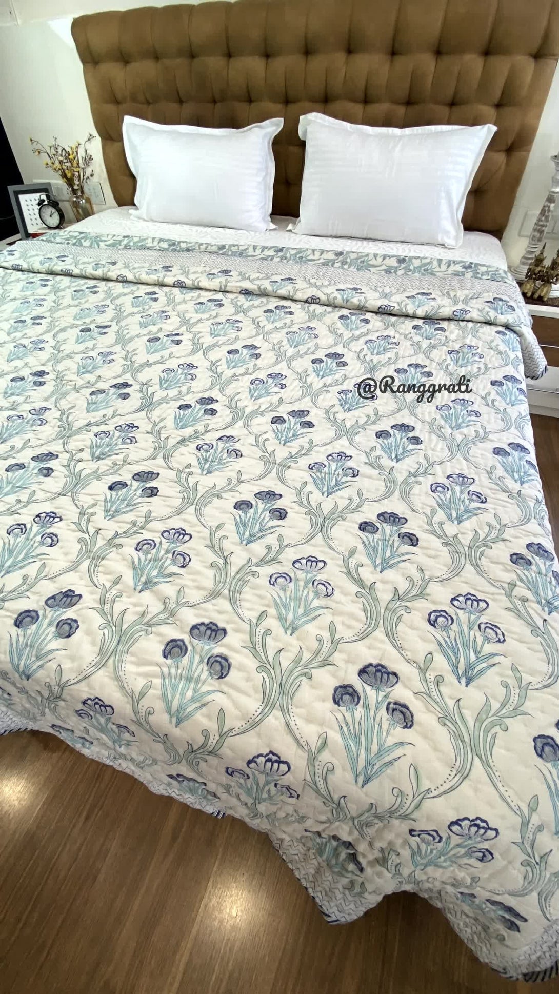 Blue Grey Floral Double Razai Cotton Reversible Hand Block Print - Razai