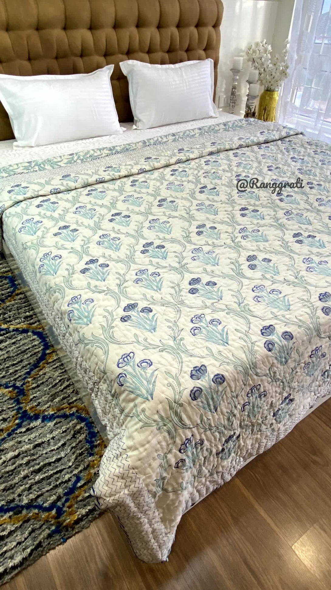 Blue Grey Floral Double Razai Cotton Reversible Hand Block Print - Razai