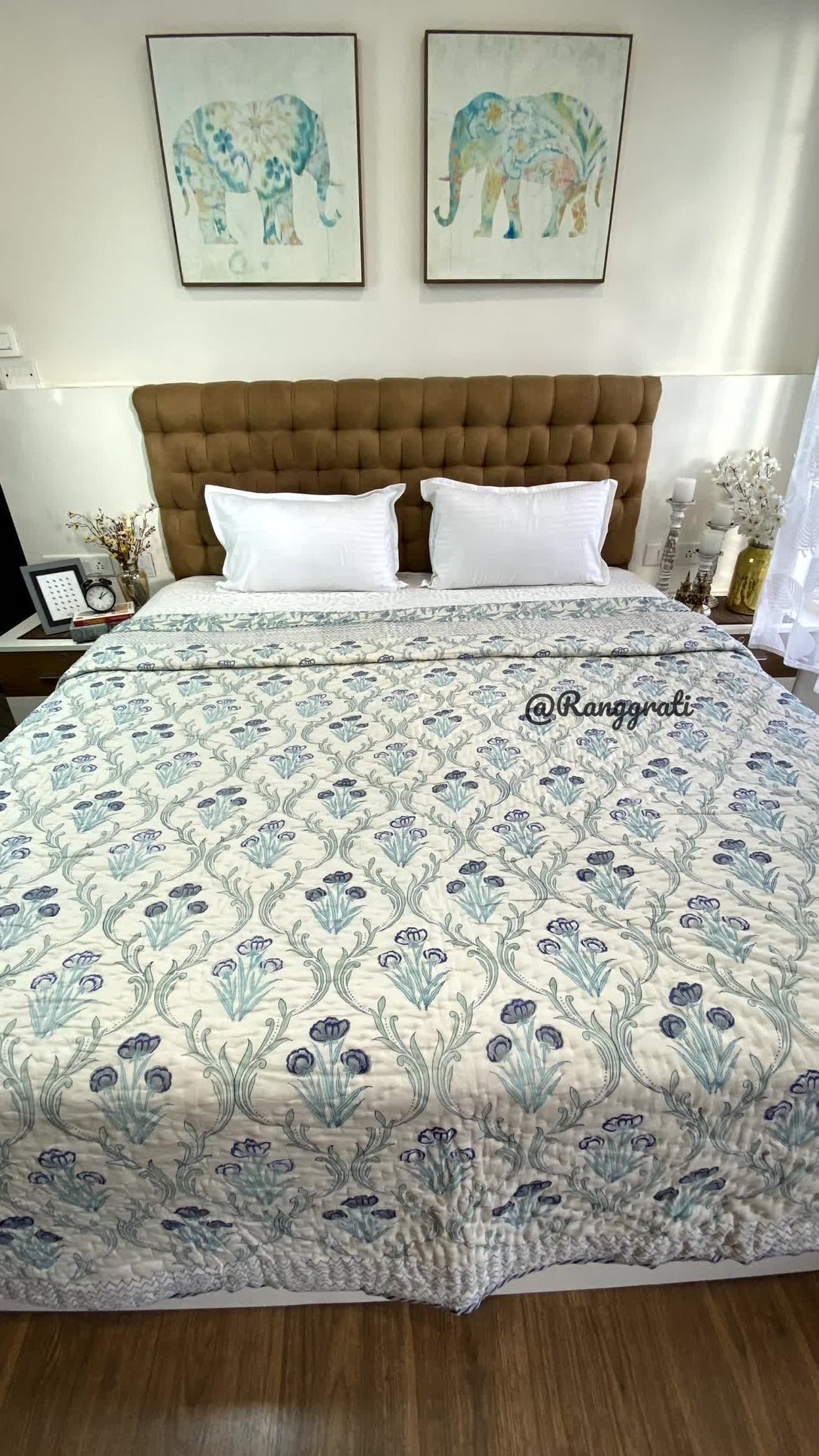 Blue Grey Floral Double Razai Cotton Reversible Hand Block Print - Razai