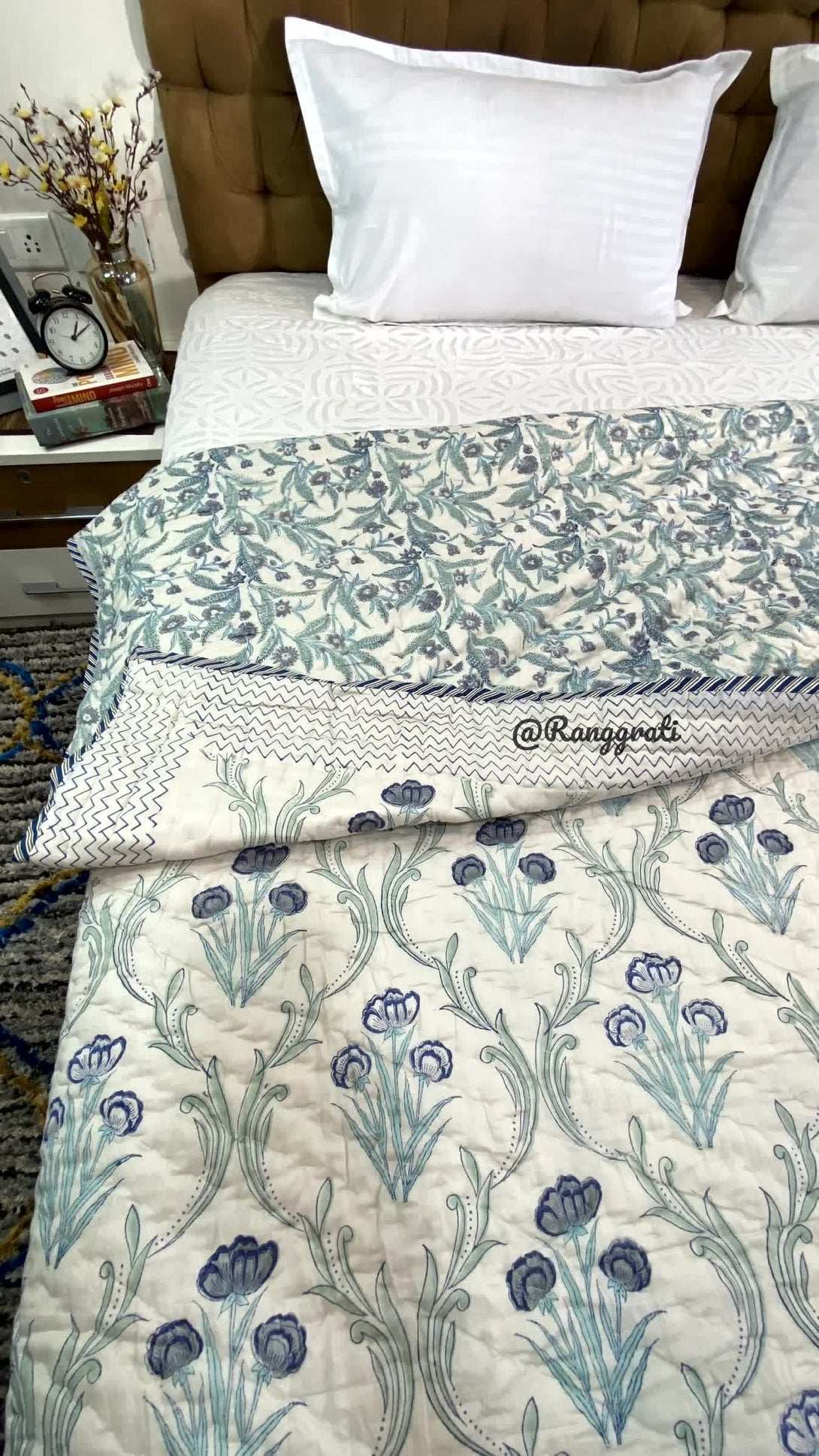 Blue Grey Floral Double Razai Cotton Reversible Hand Block Print - Razai