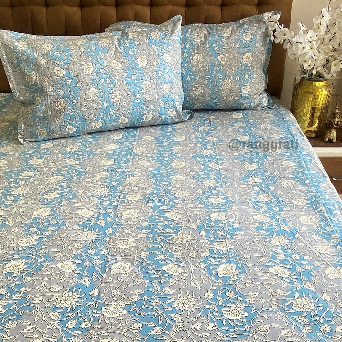 Blue Grey Floral Jaipuri Cotton Bedsheet King Size For Double Bed - Bedsheet
