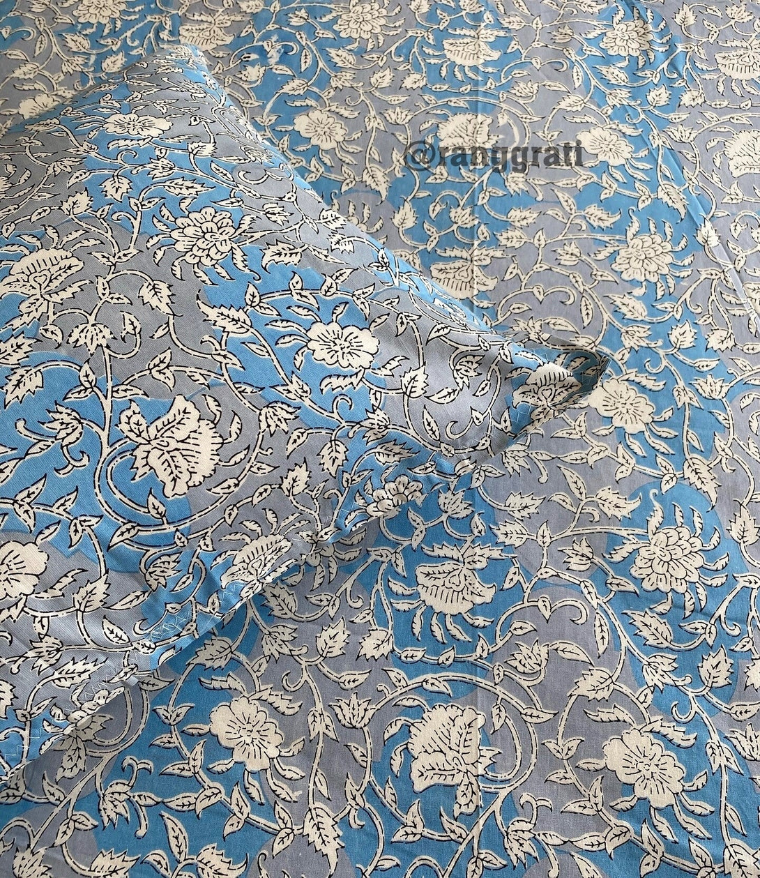 Blue Grey Floral Jaipuri Cotton Bedsheet King Size For Double Bed - Bedsheet