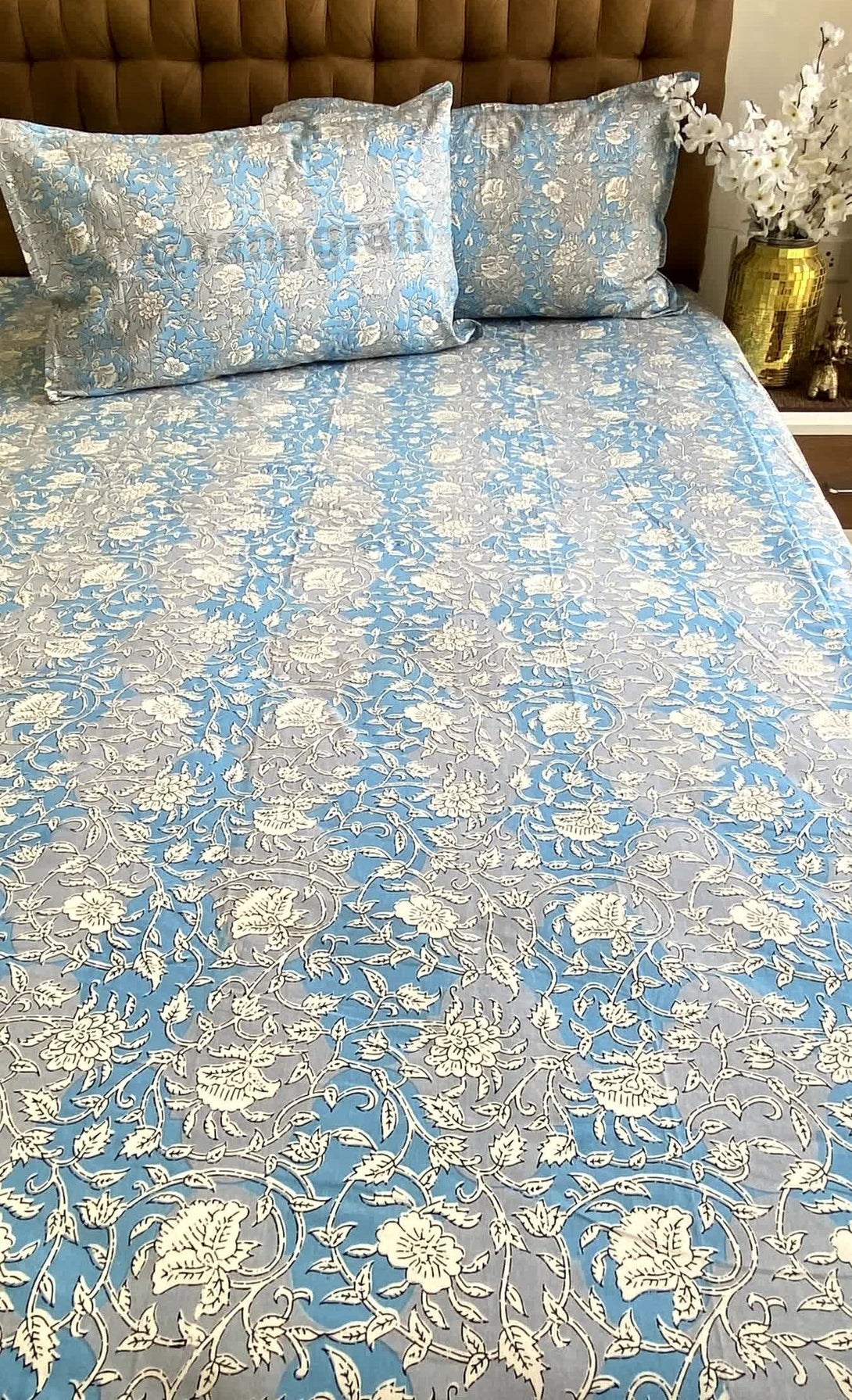 Blue Grey Floral Jaipuri Cotton Bedsheet King Size For Double Bed - Bedsheet