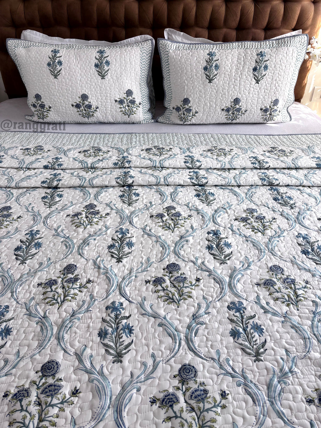 Blue-Grey Floral Mulmul Voile Quilted Bedcover 90 X 108