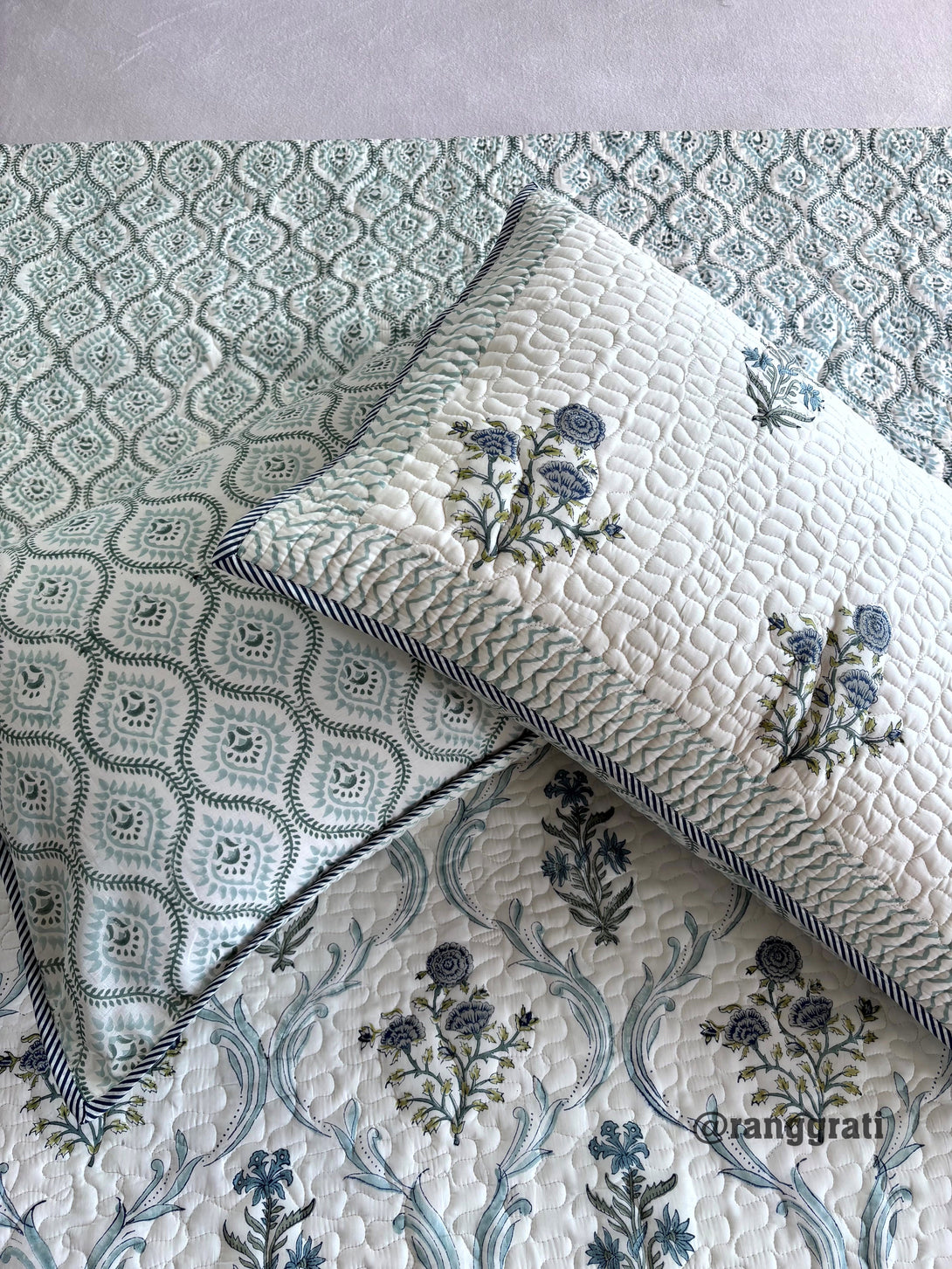 Blue-Grey Floral Mulmul Voile Quilted Bedcover 90 X 108 With Pillow Covers