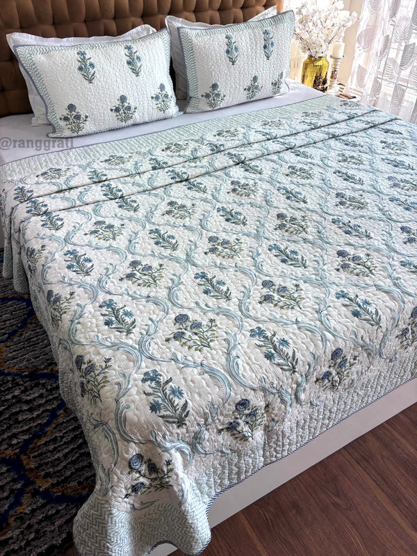 Blue-Grey Floral Mulmul Voile Quilted Bedcover King Size 