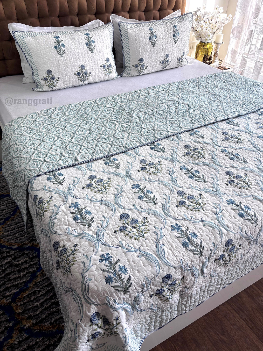 Blue-Grey Floral Mulmul Voile Quilted Bedcover 90 X 108 Reversible