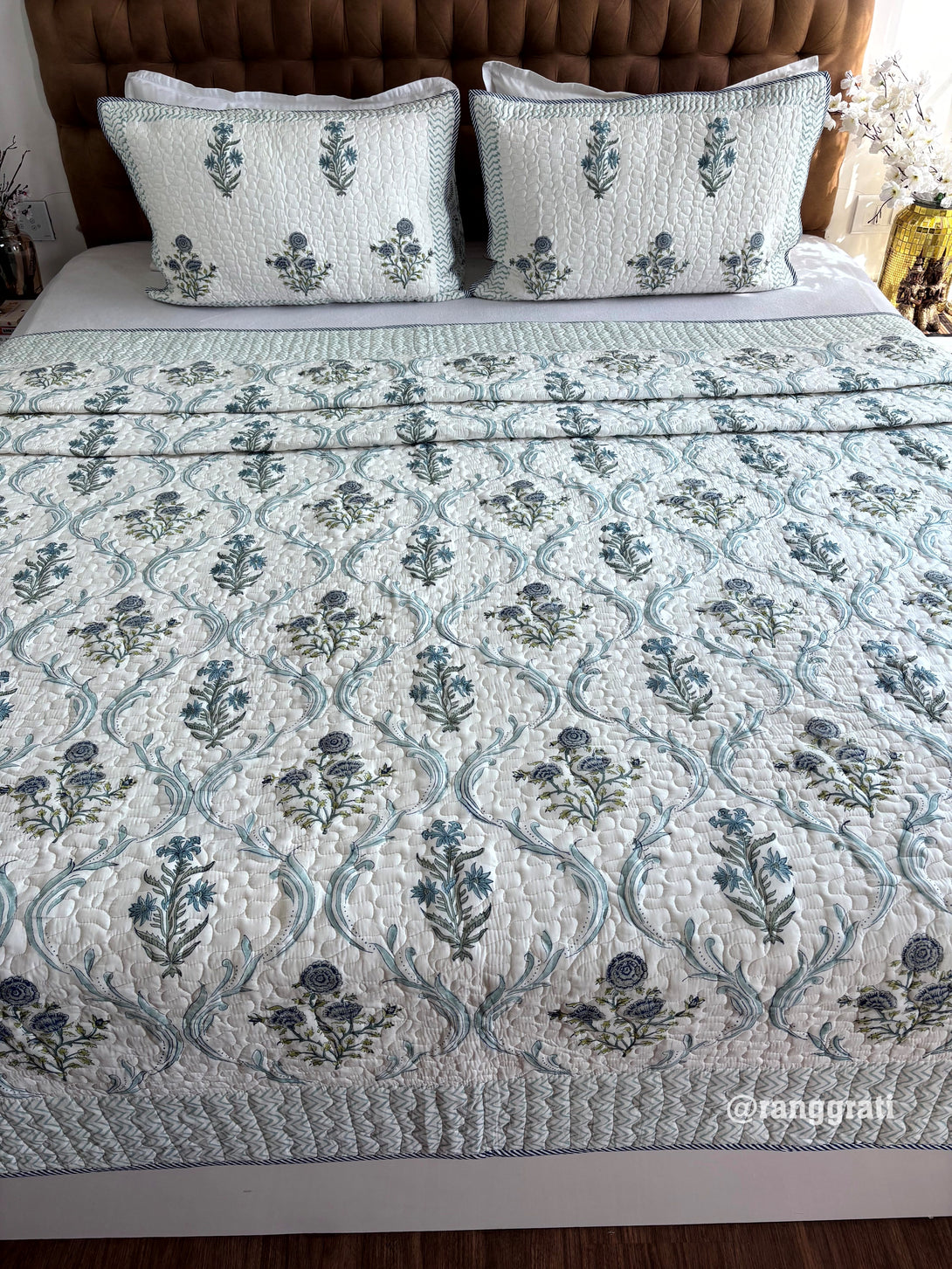 Blue-Grey Floral Mulmul Voile Quilted Bedcover 90 X 108(King Size)