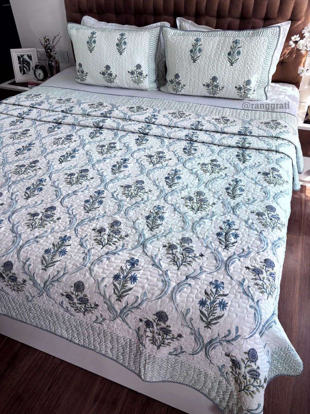 King Size Blue-Grey Floral Mulmul Voile Quilted Bedcover