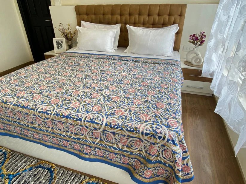 Blue Handmade Applique Bed Cover / Bed Spread - Bedcover