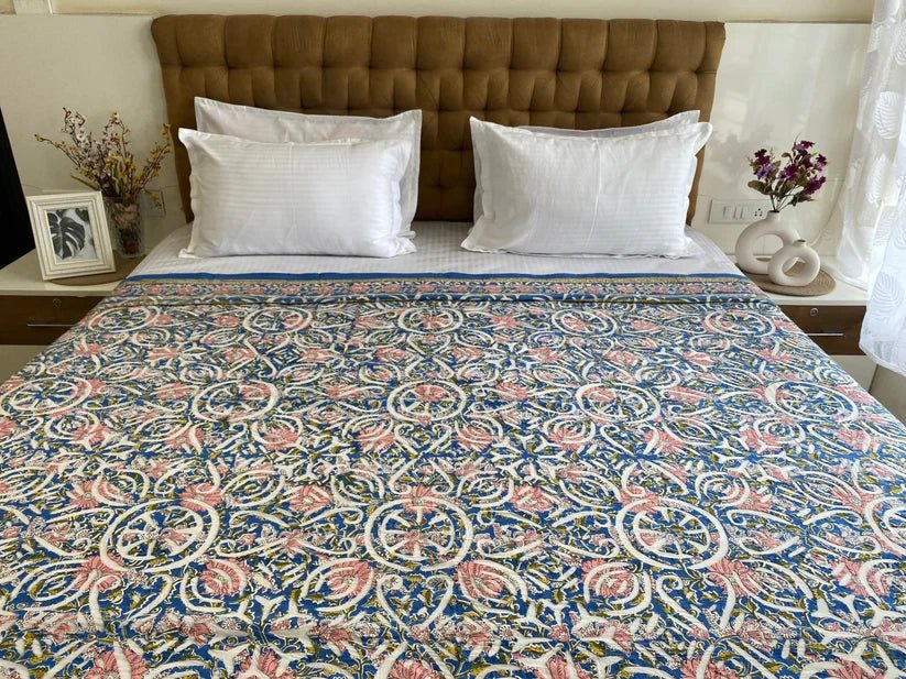 Blue Handmade Applique Bed Cover / Bed Spread - Bedcover