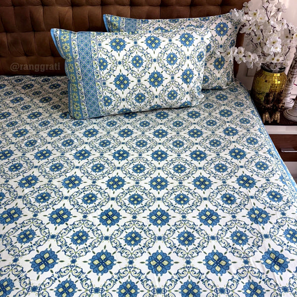 Blue Honeycomb Jaipuri Cotton Bedsheet Super King Size - Bedsheet