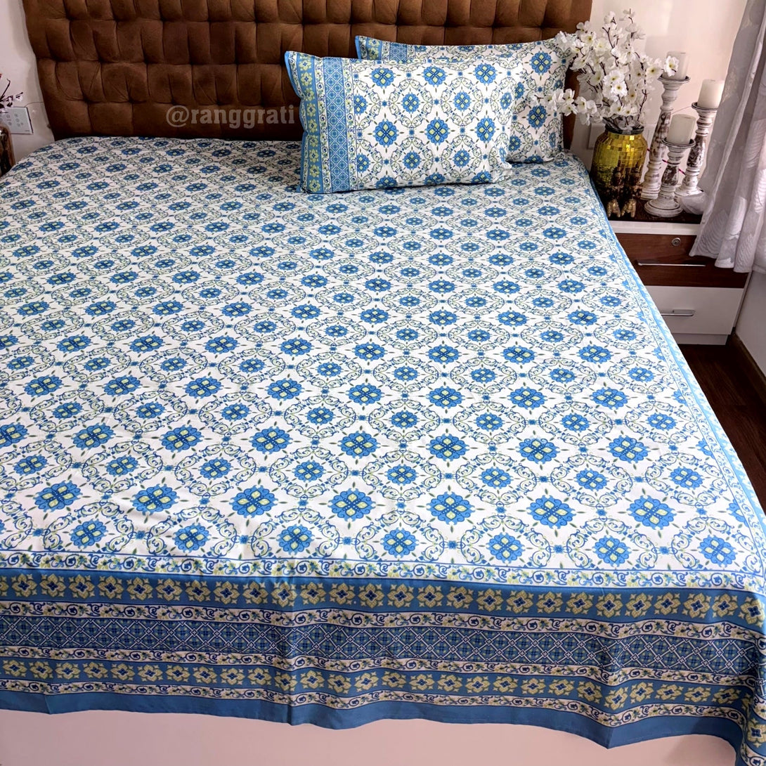 Blue Honeycomb Jaipuri Cotton Bedsheet Super King Size - Bedsheet