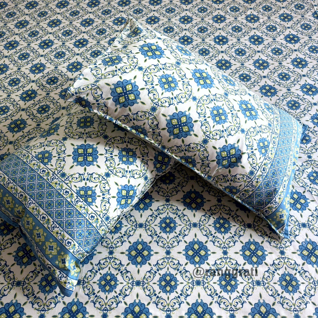 Blue Honeycomb Jaipuri Cotton Bedsheet Super King Size - Bedsheet