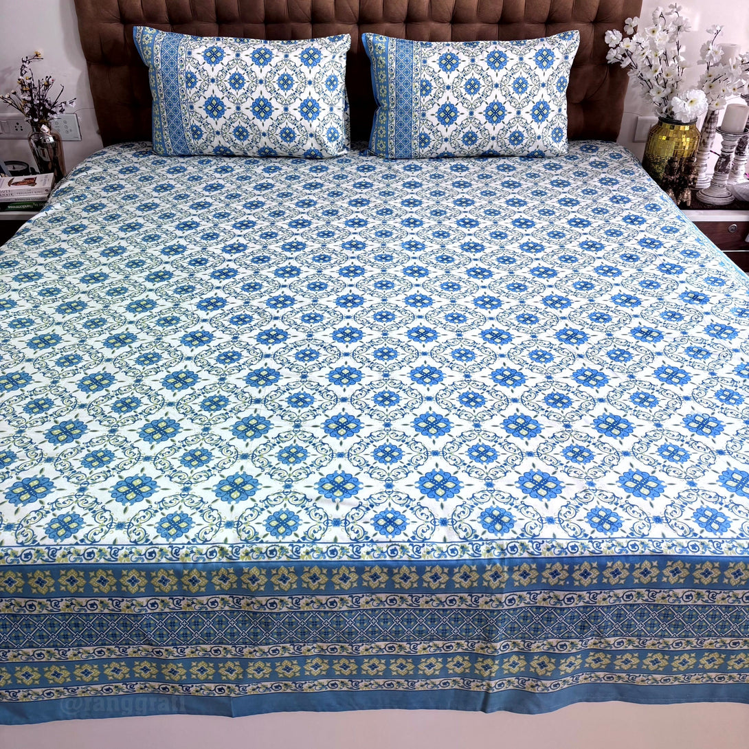 Blue Honeycomb Jaipuri Cotton Bedsheet Super King Size - Bedsheet
